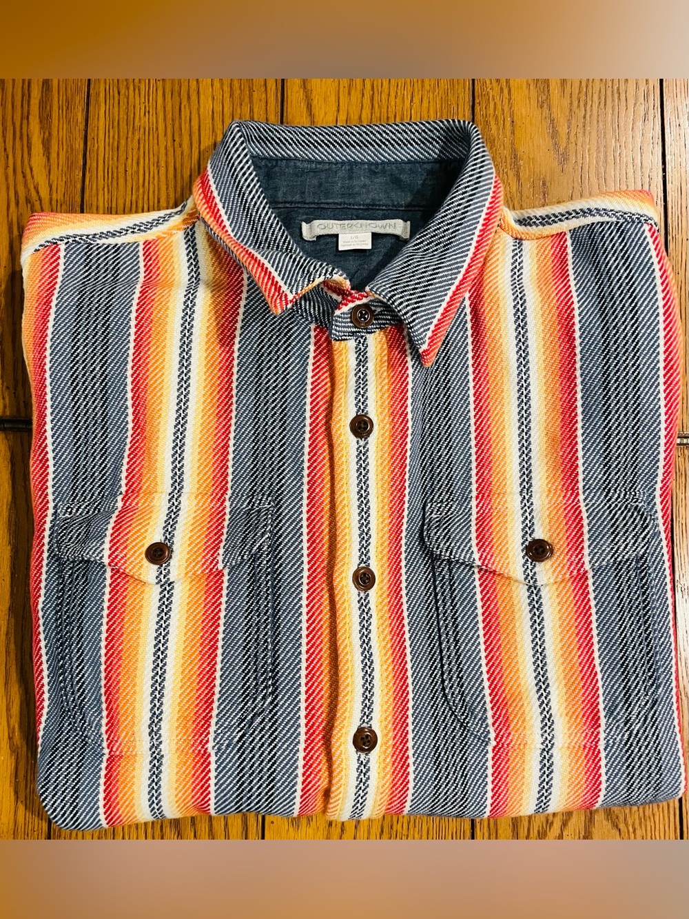 Outerknown men’s blanket shirt, large, blue/red stripe, comfy, organic cotton